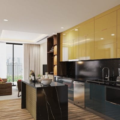 Tủ bếp nhôm tấm chữ I với cánh kính cường lực – ALU08